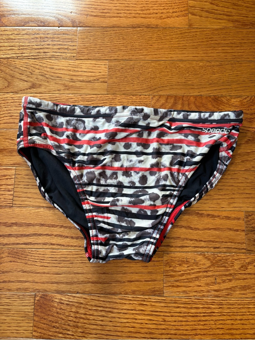 Speedo Menโs Red Black Gray Striped Swim Briefs